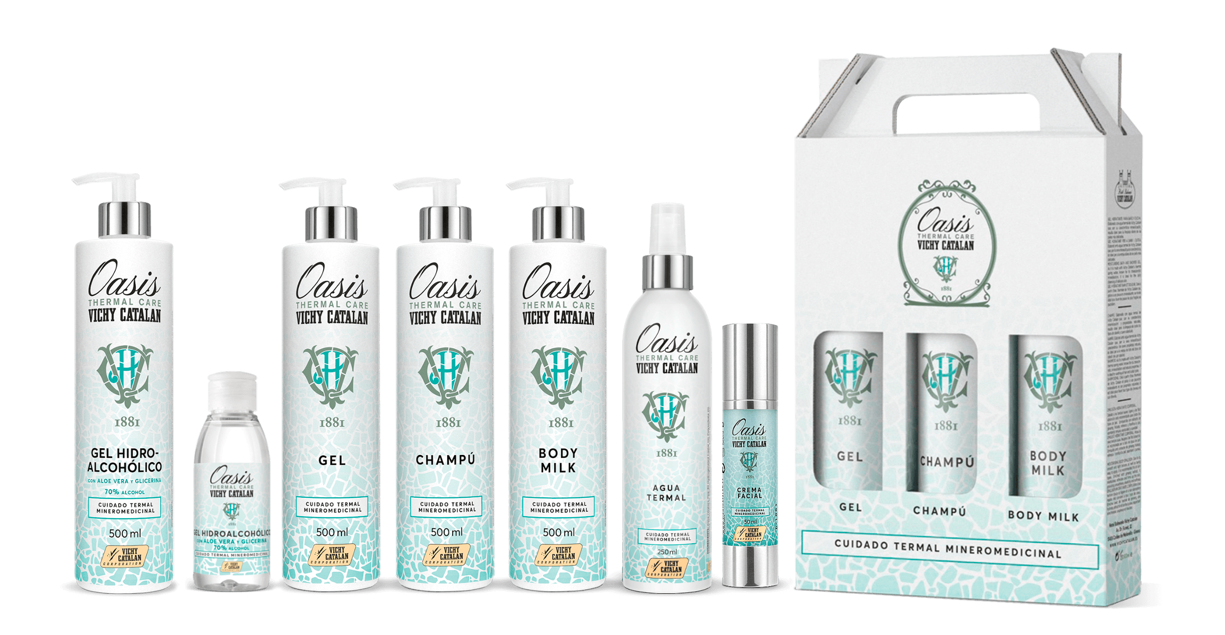 La gama completa de Oasis thermal care, un producto de cura mineromedicinal